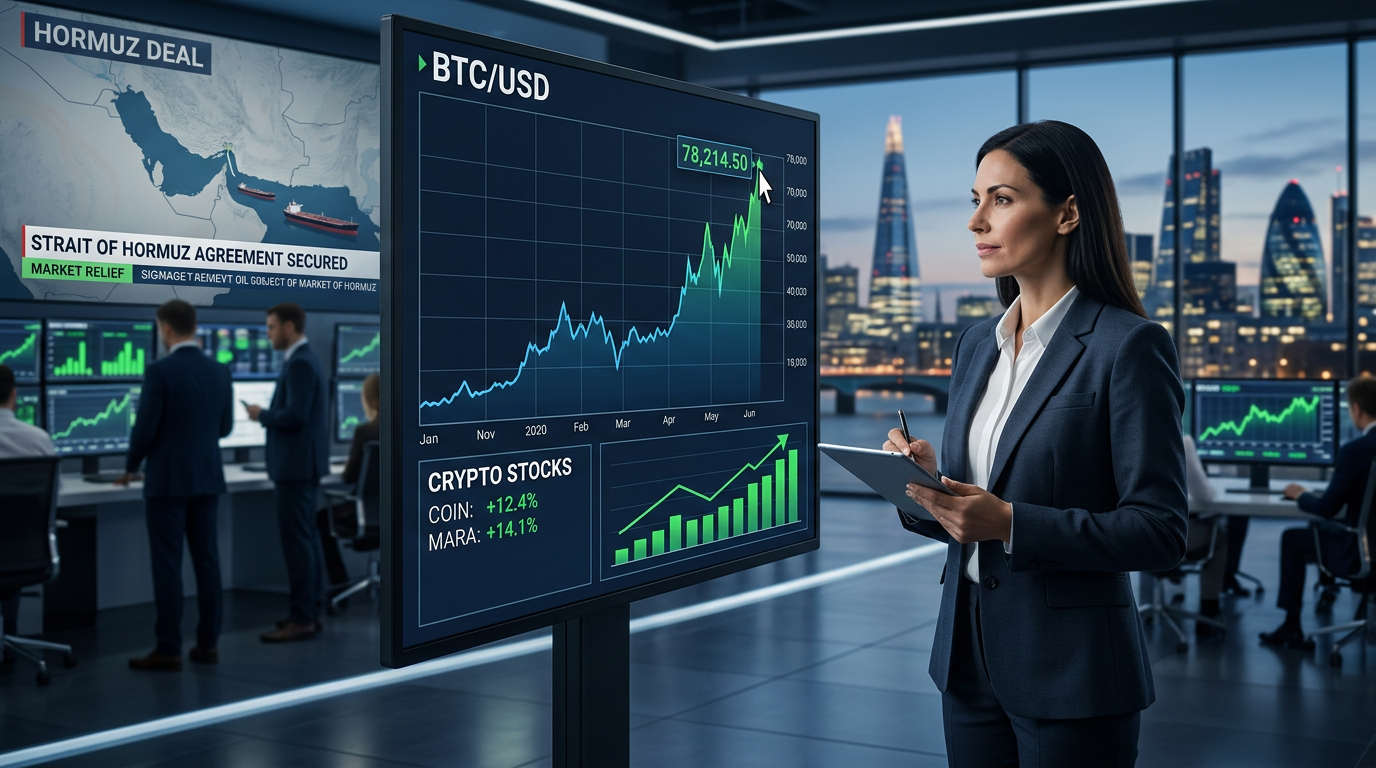 Bitcoin Surges to $78k as Hormuz Deal Boosts Crypto Stocks